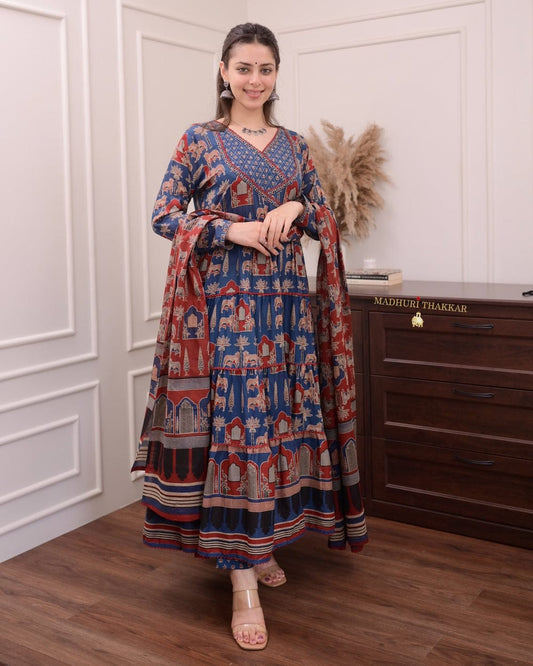 Navy Blue- Maroon Cotton Flared Anarkali Suit For Women