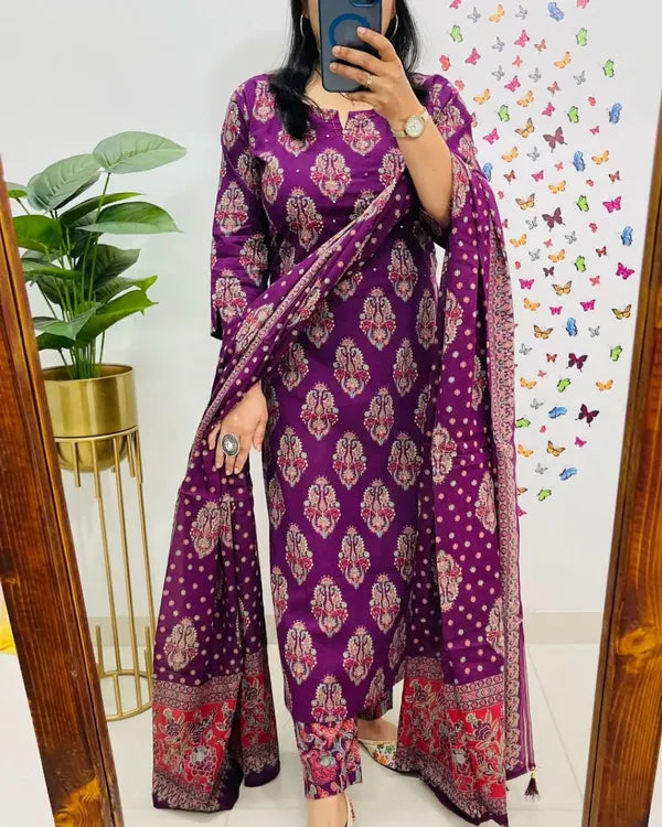Traditional Cotton Embroidered Dark Pink  Kurta Pant Set with Dupatta Set