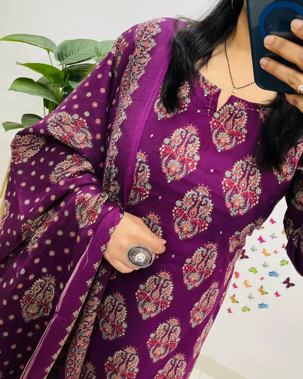 Traditional Cotton Embroidered Dark Pink  Kurta Pant Set with Dupatta Set