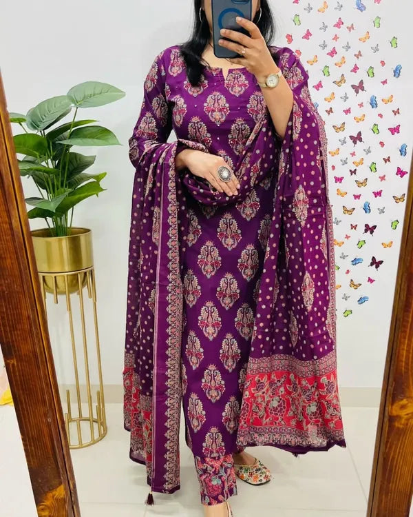 Traditional Cotton Embroidered Dark Pink  Kurta Pant Set with Dupatta Set